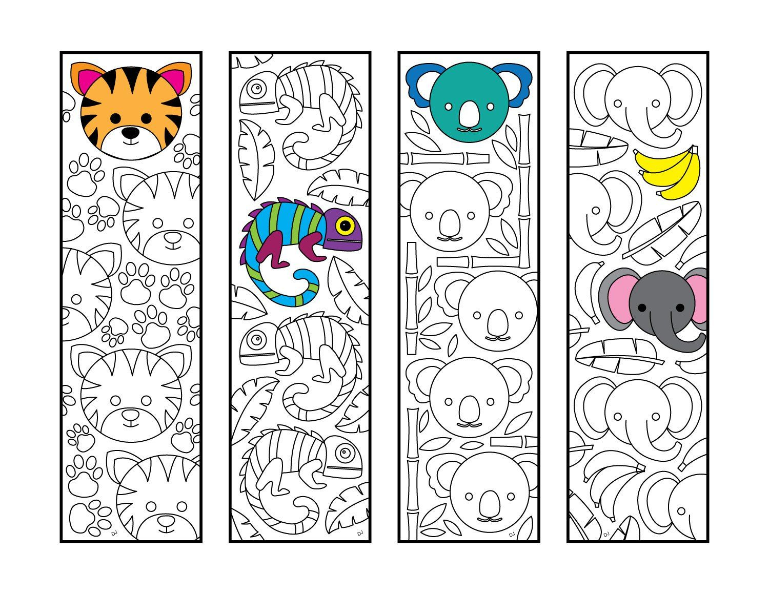 Cute Jungle Animal Bookmarks PDF Zentangle Coloring Page M larbok 