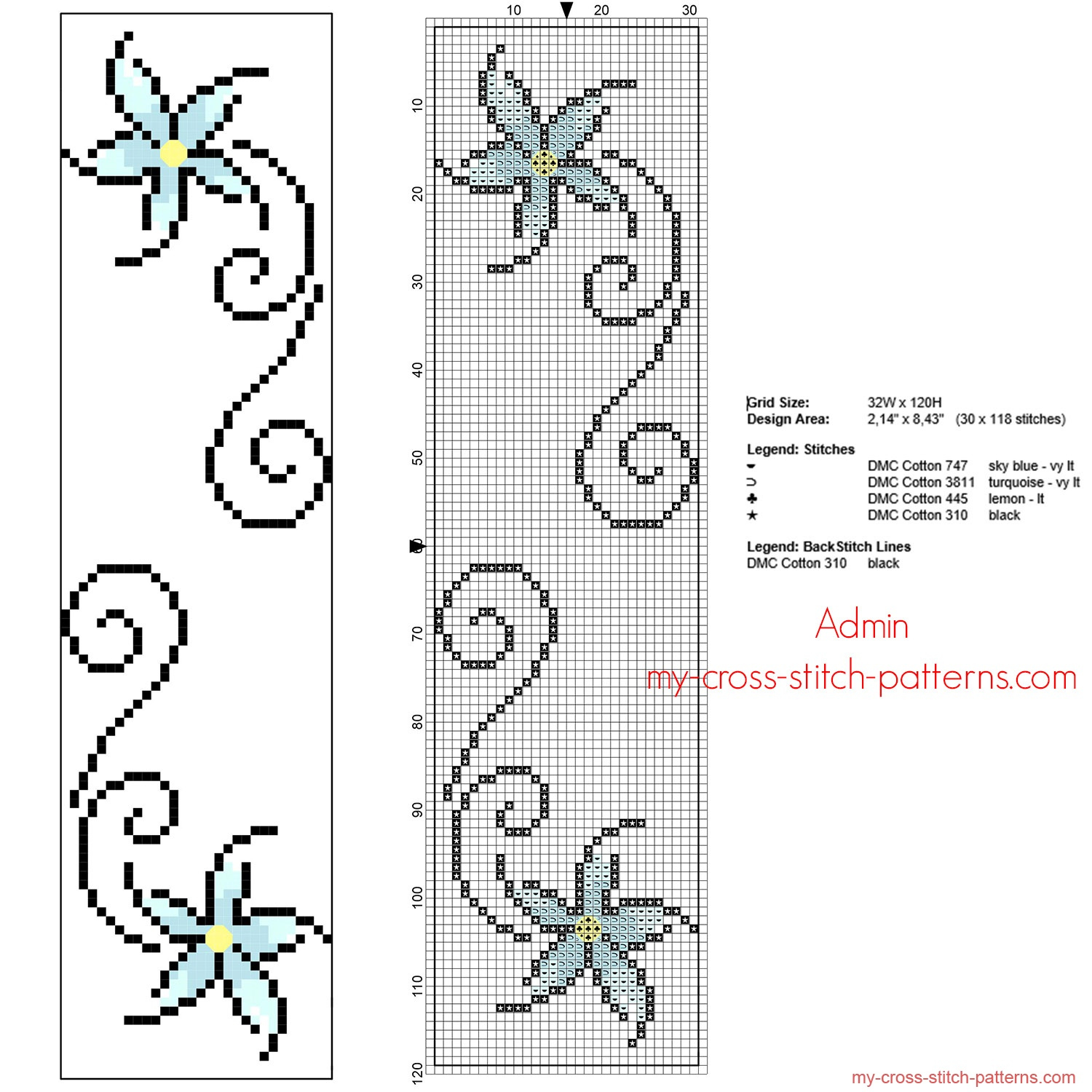 Floral Cross Stitch Bookmark With Small Stylised Light Blue Flowers 