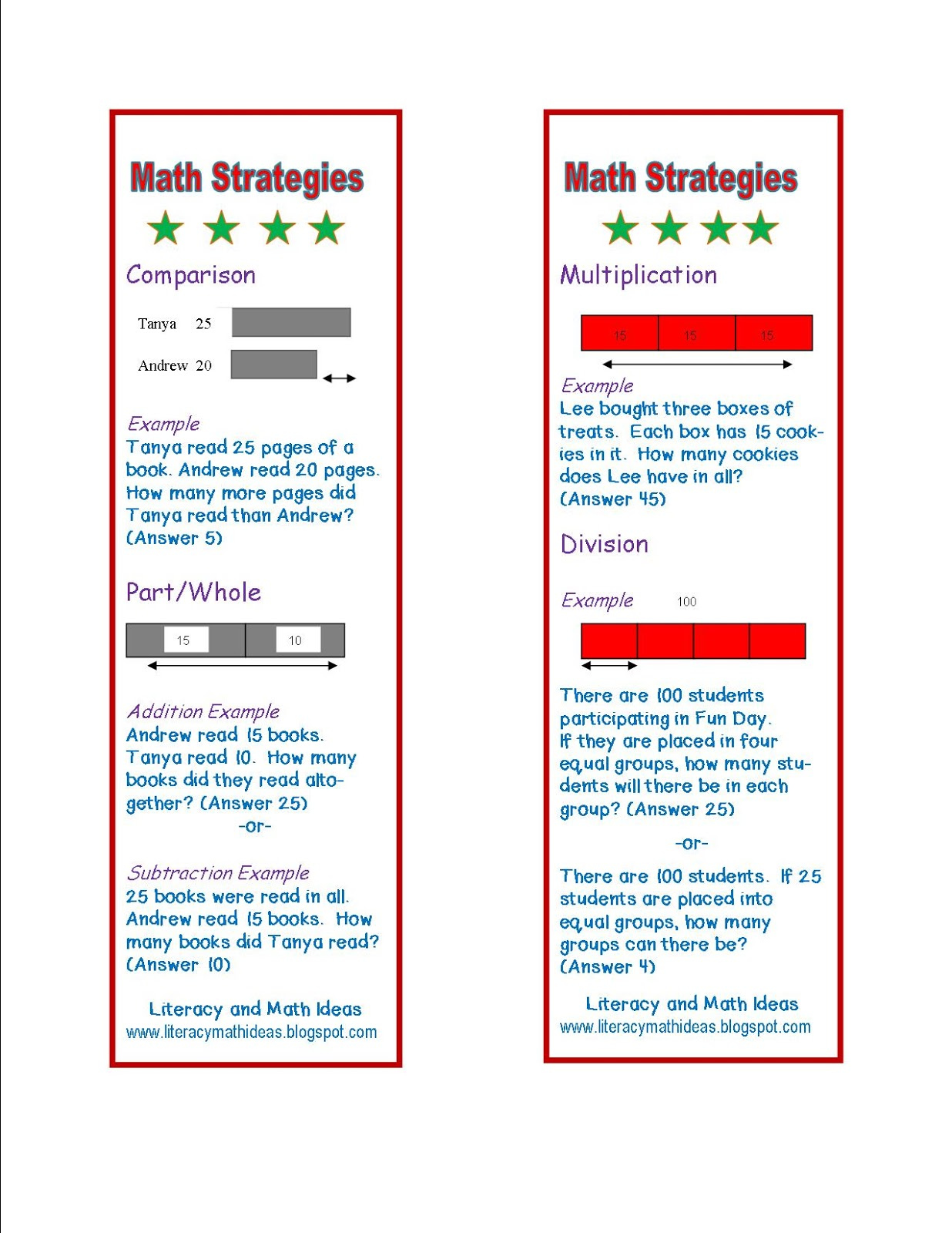 Literacy Math Ideas Free Math Word Problem Strategy Bookmarks