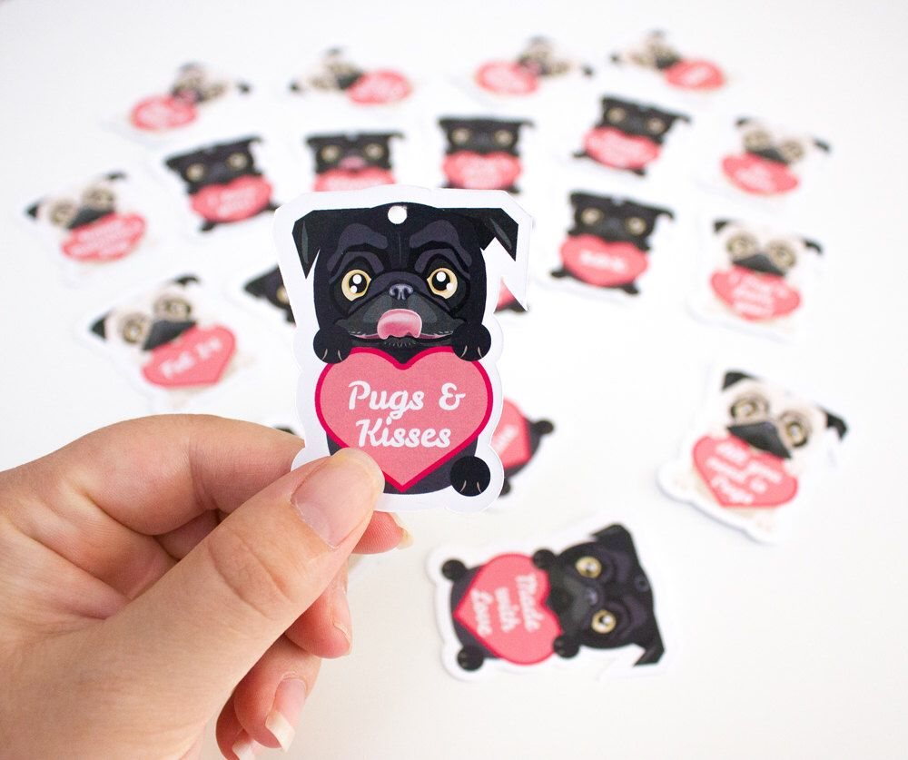 Printable Pug Valentines Day Gift Tags Dog Candy Hearts INSTANT 