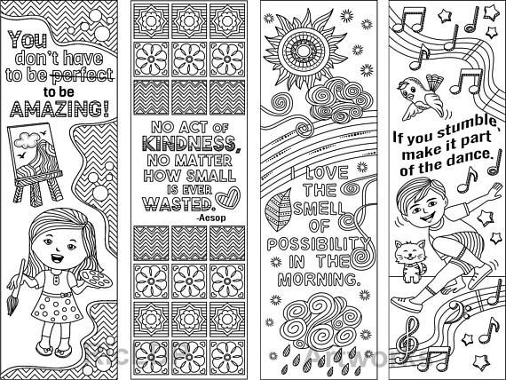 Set Of 8 Coloring Bookmarks With Feel Good Quotes Cute Etsy 