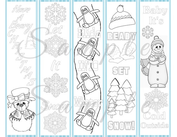 Winter Coloring Bookmarks Bear Snowman Party Favor Reading Etsy
